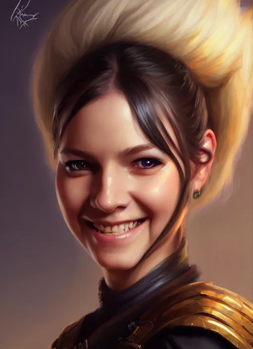 Image similar to a _ fantasy _ style _ portrait _ painting _ of white girl, dark ponytail hair, smiling, round face, rpg dnd oil _ painting _ unreal _ 5 _ daz. _ rpg _ portrait _ extremely _ detailed _ artgerm _ greg _ rutkowski _ greg