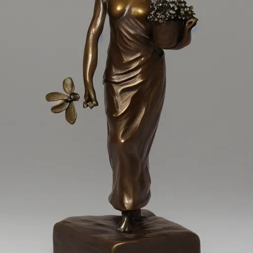 Prompt: realistic bronze statue standing woman holding flower