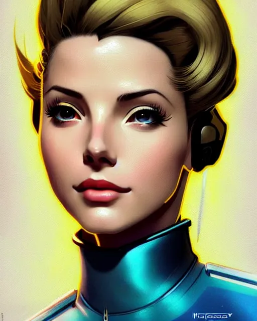 Image similar to mercy from overwatch, ashley greene's face combined with grace kelly's face, in space, character portrait, portrait, close up, concept art, intricate details, highly detailed, vintage sci - fi poster, retro future, vintage sci - fi art, vintage, in the style of chris foss, rodger dean, moebius, michael whelan, and gustave dore