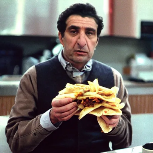 Image similar to film still of Nicolae Ceasusescu eating a Shawarma, 4k remastered, criterion collection