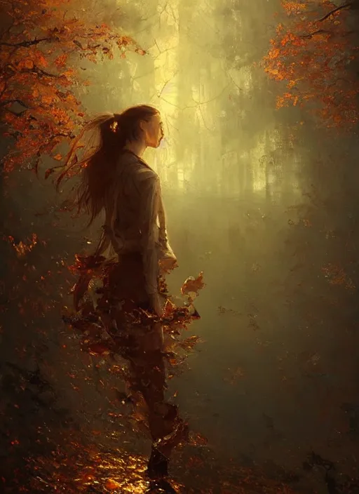Image similar to golden leaves, beautiful painting by jeremy mann, moon, absurdly beautiful, elegant, ultrafine hyperrealistic detailed illustration by wlop and artgerm and greg rutkowski, intricate linework, sharp focus, smooth, octopath traveler, final fantasy, unreal engine, dramatic lighting, ethereal, 8 k