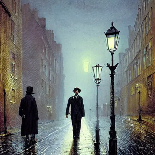 Image similar to Mads Mikkelsen as Sherlock Holmes and John Candy as John Watson walking on the misty streets of London looking for Jack the Ripper, artwork by John Atkinson Grimshaw