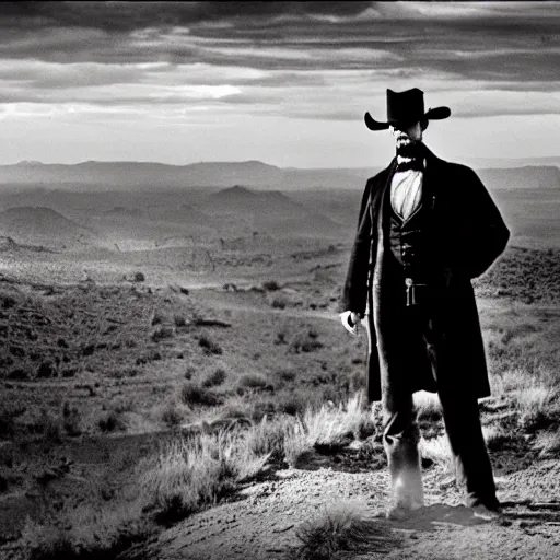 Prompt: abraham lincoln stars in a gunslinger spaghetti western, movie still, dramatic lighting, sunset