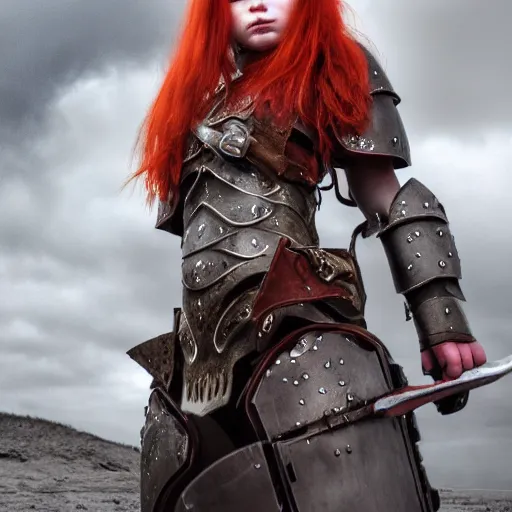 Prompt: north girl, warrior, red hair, fantasy, high detailed, photography, cloudy, lightweight armor, Scandinavia, plain, Authentic, detailed face, spear in hand