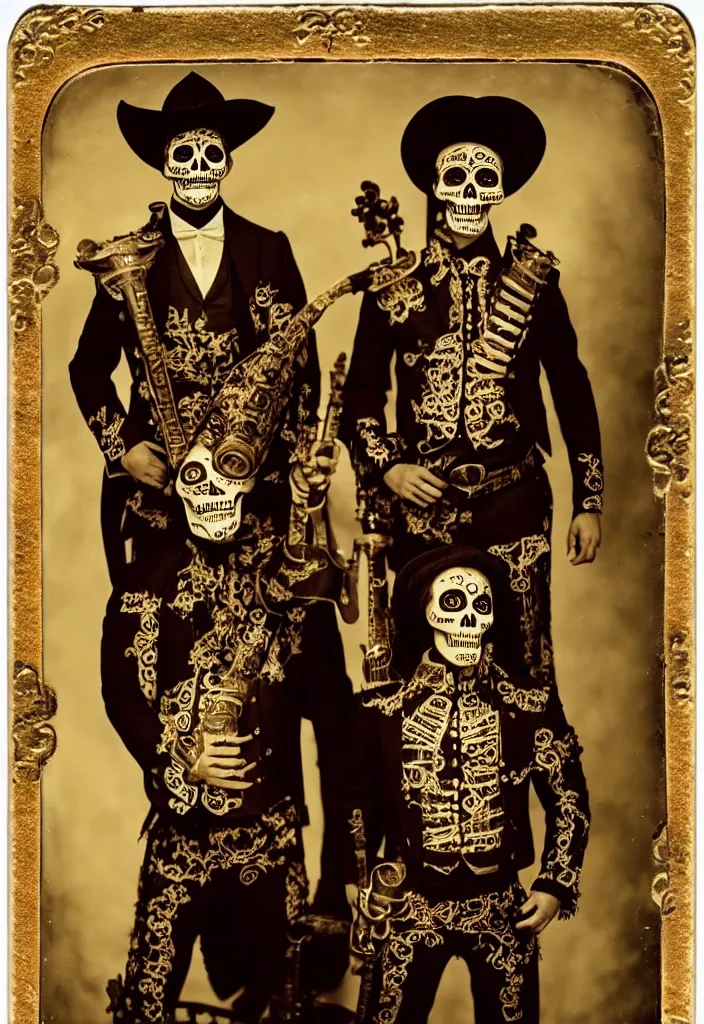 Image similar to tintype full body view, man in mariachi dia de muertos suit and make up, horrific beautiful vibe, evocative, atmospheric lighting, painted, intricate, highly detailed,