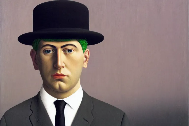 Image similar to portrait of man in a suit that has flowers instead of head by rene magritte, detailed painting, hd, hq, high resolution, high detail, 4 k, 8 k