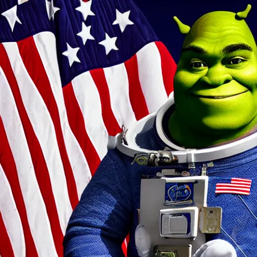 Image similar to astronaut photo of shrek in space suit holding helmet, American flag in background, photorealistic, portrait