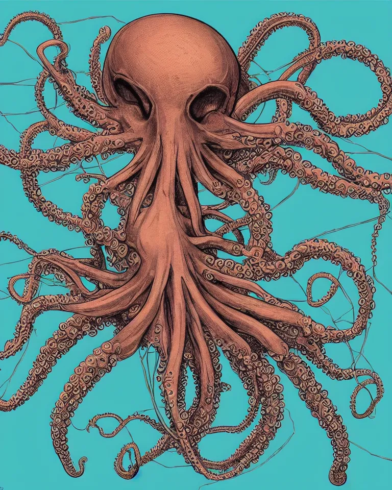 Image similar to a detailed scientific anatomical illustration of an alien cybernetic octopus