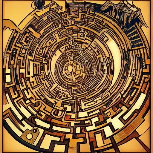 Image similar to amazing maze labyrinth steampunk style by albert gleizes and by hilma klint, hd, artstation, alive colors