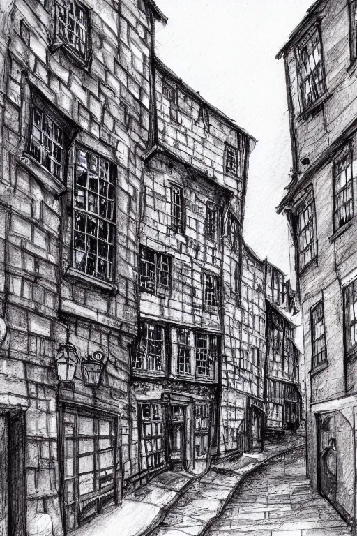 Prompt: a beautiful pen and wash sketch of the shambles and little shambles york, 8 k, frostbite 3 engine, cryengine, dof, trending on artstation, digital art, crepuscular ray,