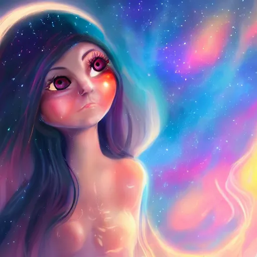 Prompt: Woman demon with long hair looks at the sky .Cosmic hair with constellation. Big eyes, small nose, smile. scales on cheeks. Night light. Oil LiveSuperdetailation, 4k, wow, artstation trending. paint strokes.