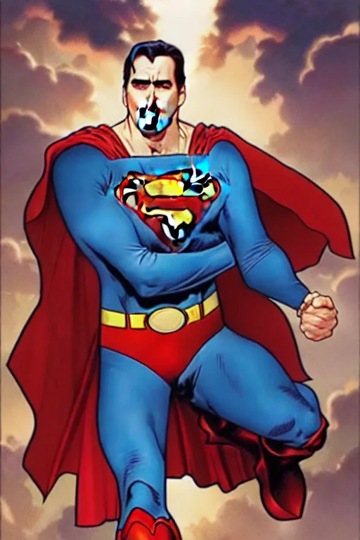 Image similar to nicholas cage as superman, art by artgerm and greg rutkowski and alphonse mucha