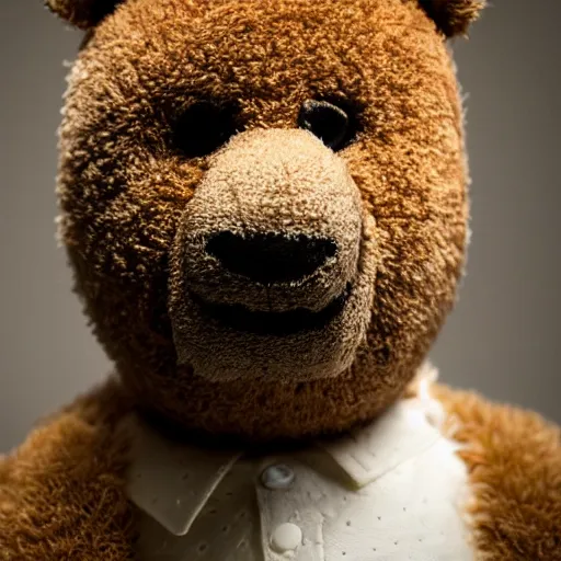 Prompt: cinematic photograph of Kanye West as a anthropomorphic teddy bear, close up, portrait, shallow depth of field, 40mm lens, gritty, textures