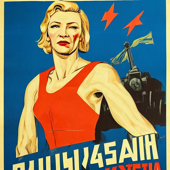 Image similar to soviet propaganda poster with cate blanchett calling on the world community to fight against Nazism, Ultra Detailed, soviet realism