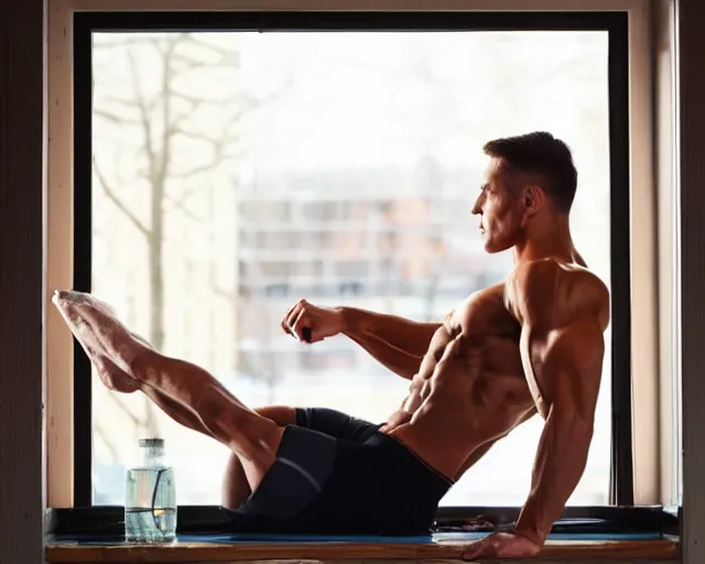 Prompt: extremely muscular gymnast fitness model sits in cafe window working on laptop detailed oil painting