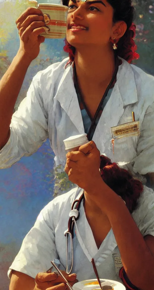 Image similar to close up of a young Indian doctor in scrubs drinking coffee, sun shining, photo realistic illustration by greg rutkowski, thomas kindkade, alphonse mucha, loish, norman rockwell.