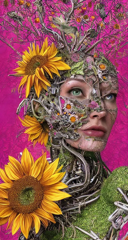 Prompt: cinema 4d colorful render, organic, ultra detailed, of a painted realistic face with growing sunflowers , scratched. biomechanical cyborg, analog, macro lens, beautiful natural soft rim light, smoke, veins, neon, winged insects and stems, roots, fine foliage lace, pink and pink details, Alexander Mcqueen high fashion haute couture, art nouveau fashion embroidered, intricate details, mesh wire, computer components, motherboard, floppy disk eyes,mandelbrot fractal, anatomical, facial muscles, cable wires, elegant, hyper realistic, in front of dark flower and feather pattern wallpaper, ultra detailed, 8k post-production