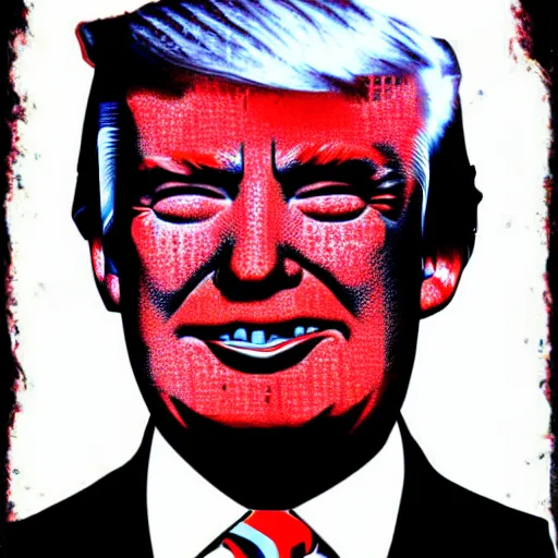 Prompt: trump in a suit and tie with a creepy face, a screenprint by warhol, reddit contest winner, antipodeans, hellish, anaglyph filter, hellish background