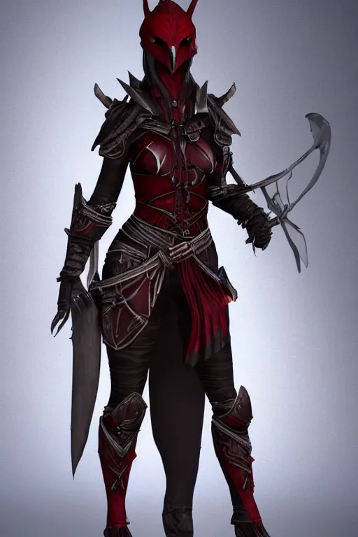 Prompt: female adventurer in tight full - body ebony leather armor of dunmer design with dark red cloth underneath and with a red porcelain crow mask, trending in artstation, establishing shot