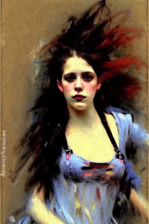 Image similar to impressionist brushstrokes!!!!!!!!! solomon joseph solomon and richard schmid and jeremy lipking victorian loose genre loose painting full length portrait painting of a young beautiful woman punk rocker