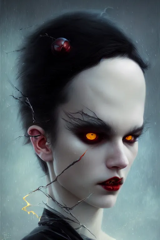 Prompt: a portrait of a sharp fang white pale skin devil with black eyes by karol bak, james jean, tom bagshaw, rococo, sharp focus, trending on artstation, cinematic lighting, hyper realism, octane render, 8 k, hyper detailed, vivid, ultra detailed, highly detailed