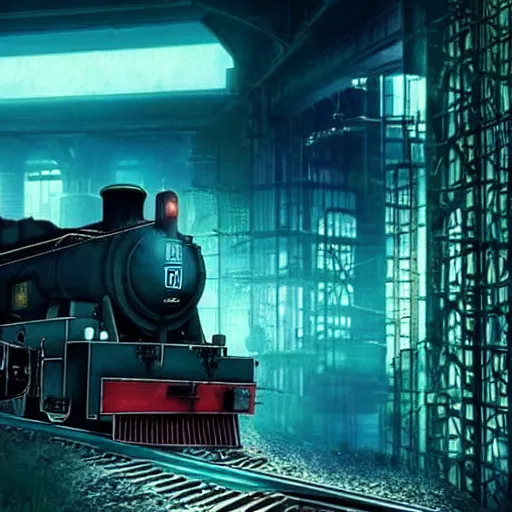 Image similar to :: Train to Hogwarts :: cyberpunk style :: Makoto Shinkai cyberpunk style :: Cinematography by Zack Snyder ::8k resolution :: cinematic shot :: epic :: awe :: masterpiece