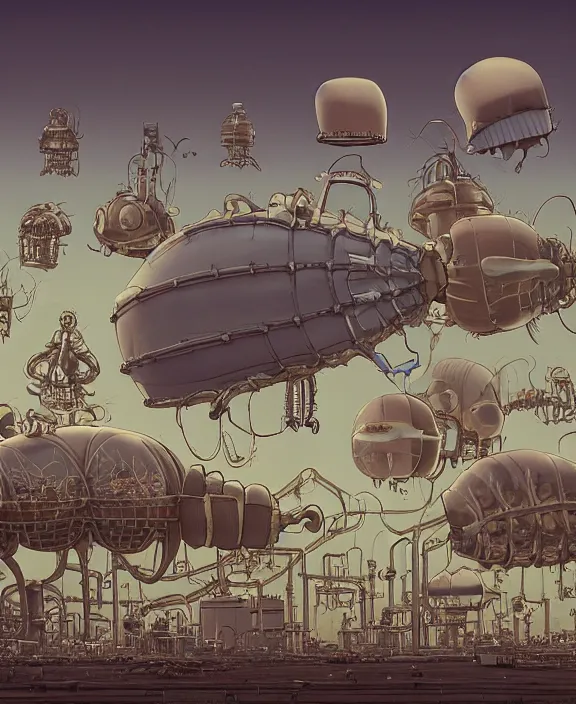 Image similar to inflated industrial plant made from obese isopod mollusk octopus, in the style of puffy spaceship, skeletons, bones, partly cloudy, spooky, dramatic lighting, by geof darrow, bill sienkiewicz, dan mumford, yusuke murata, makoto shinkai, ross tran, cinematic, unreal engine, cel shaded, featured on artstation, pixiv