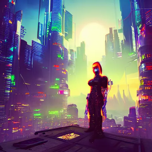 Image similar to Cyberpunk fantasy world with beautiful sunset