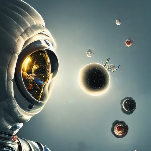 Image similar to an epic portrait of an astronaut entering microscopic multiverse of atoms madness with a tiny micro spaceship, cinematic lighting, trending on Artstation, highly detailed, insane details