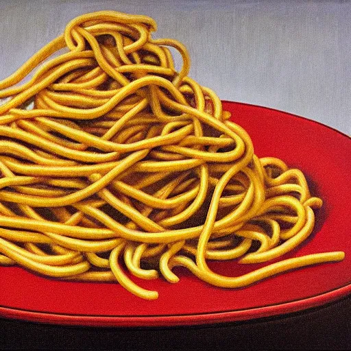 Prompt: painting of spaghetti by rene magritte, hd, 4 k, detailed, award winning