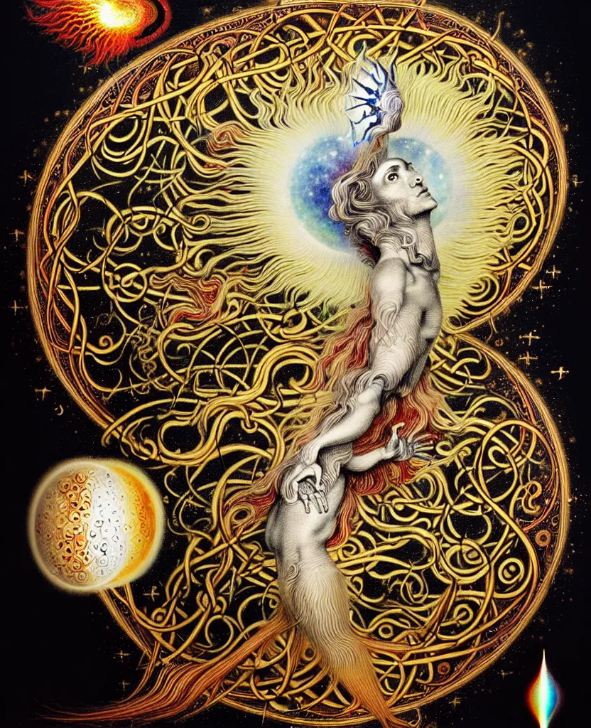 Image similar to a strange mythical creature radiates a unique canto'as above so below'while being ignited by the spirit of haeckel and robert fludd, breakthrough is iminent, glory be to the magic within, in honor of jupiter's day, painted by ronny khalil