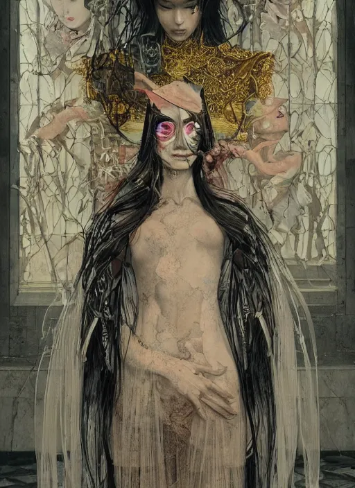 Image similar to women wearing gown, eun emerging from renaissance italy into a cyberpunk mutiversal realm by conrad roset, nicola samuri, dino valls, m. w. kaluta, jakub rebelka, rule of thirds, seductive look, beautiful