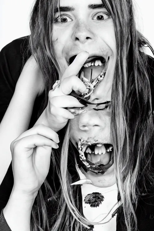 Image similar to black and white photo of Billie eilish with a crustacean crawling out of her mouth