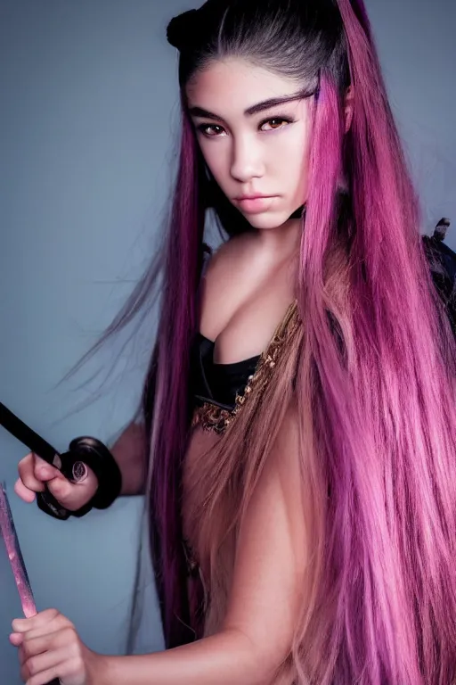 Image similar to highly detailed beautiful photo of madison beer as a young female samurai, practising sword stances, symmetrical face, beautiful eyes, pink hair, realistic anime art style, 8 k, award winning photo, pastels colours, action photography, 1 / 1 2 5 shutter speed, sunrise lighting