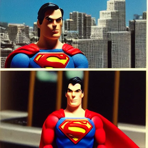 Prompt: toy photography. Superman action figure against a japanese city backdrop looking directly at the camera. 1992. Cover of Nintendo Power