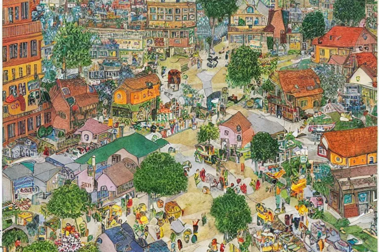 Image similar to an elaborate and dense painting of a peaceful neighborhood, detailed, made of alcohol ink on parchment and penned illustrations, by richard scarry