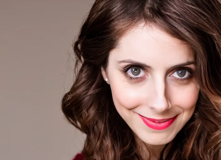 Image similar to a closeup, 4 5 mm, detailed photograph of a woman looking at camera with a seductive smile, alison brie, beautiful low light, 4 5 mm, by franz lanting