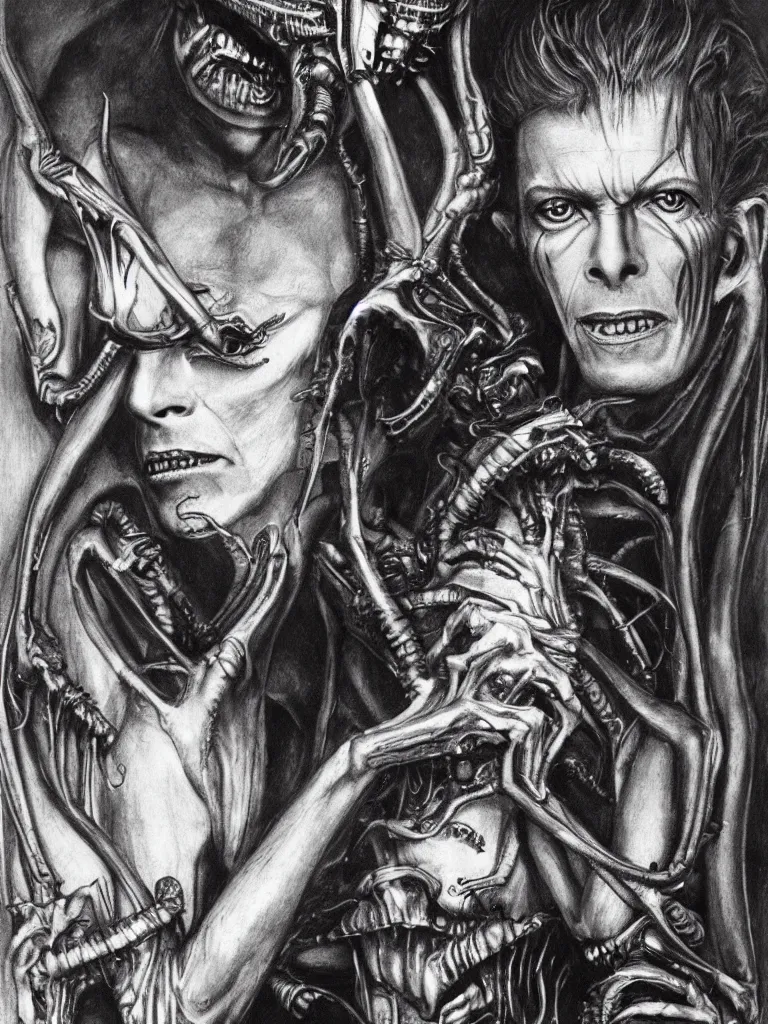 Image similar to a beautiful portrait of david bowie with a xenomorph alien queen by h.r. giger and by arthur rackham, detailed, proportional, trending on art station, 4k