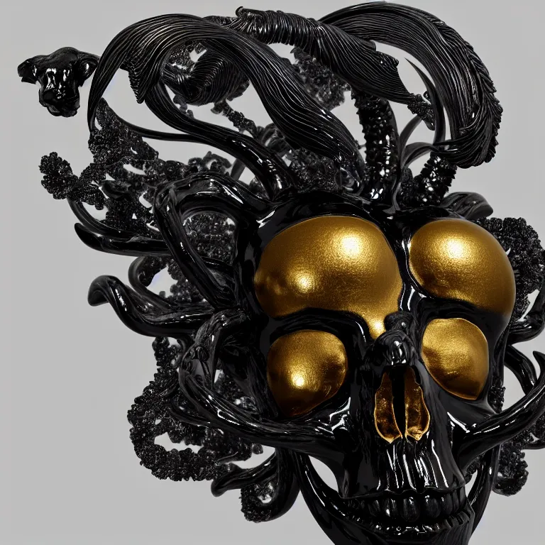 Image similar to black background. absolutely symmetrical sculpture. centered. goddess princess face close-up portrait ram skull. sculpture made of gold and black charcoal. jellyfish phoenix head, nautilus, orchid, skull, betta fish, bioluminiscent creatures, intricate artwork by Tooth Wu and wlop and beeple. octane render, trending on artstation, greg rutkowski very coherent symmetrical artwork. cinematic, hyper realism, high detail, octane render, 8k