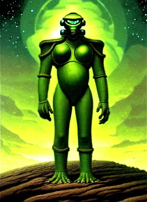 Image similar to portrait giant green humanoid with his fist up, brown armor, background ancient alien landscape, low angle, close up, concept art, intricate details, highly detailed, sci - fi poster, future, sci - fi art, in the style of chris foss, rodger dean, moebius, michael whelan, and gustave dore