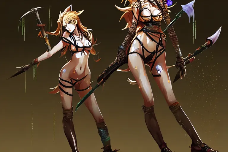 Prompt: an anthropomorphic maned wolf girl having standing in the muddy rain, laughing with a spear in her hands. league of legends splash art by yoji shinkawa