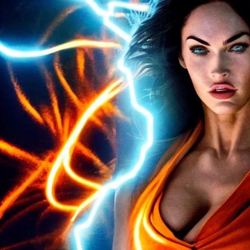 Image similar to face photo of megan fox as super saiyan as goku powering up wearing hoodie electric energy dramatic lighting by annie leibovitz