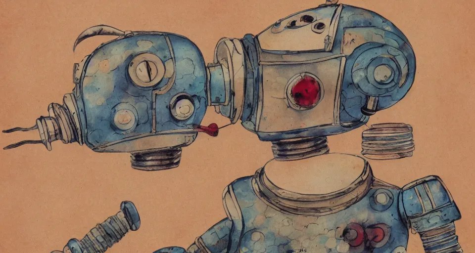 Image similar to a detailed illustration of a cute retro robot dog, alcohol inks on parchment, muted colors, detailed, textured parchment background, bosch, 1 9 5 0 s concept art