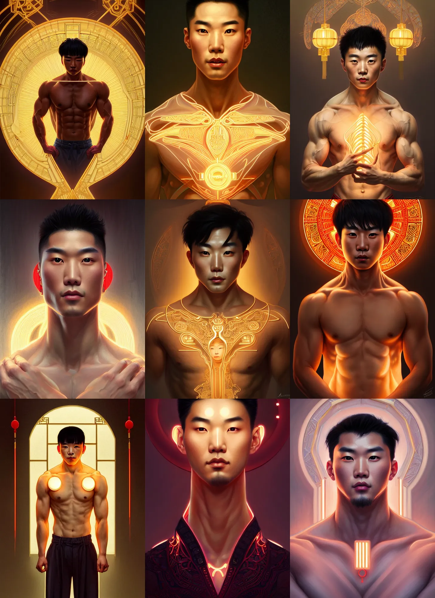 Image similar to symmetry!! portrait of a chinese attractive men, cottagecore!! fitness body, glowing lights!! intricate, elegant, highly detailed, digital painting, artstation, concept art, smooth, sharp focus, illustration, art by artgerm and greg rutkowski and alphonse mucha