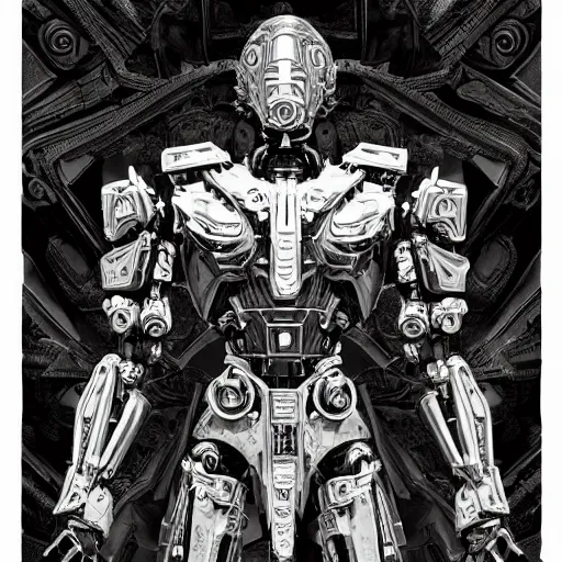 Prompt: mecha, highly detailed, detailed ink illustration, raiden metal gear, cinematic smooth stone, deep aesthetic, concept art, post process, 4k, carved marble texture and silk cloth, latex skin, highly ornate intricate details, in the style of frank miller, art deco, dark enlightenment, alchemy