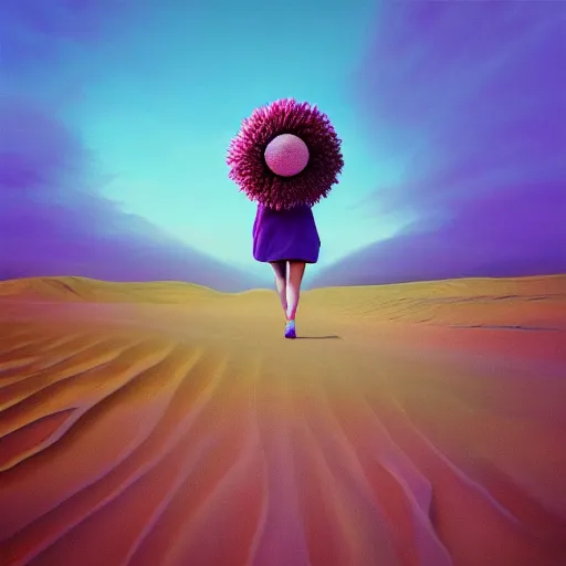 Image similar to portrait, giant purple dahlia flower head, girl walking between dunes, surreal photography, sunrise, blue sky, dramatic light, impressionist painting, digital painting, artstation, simon stalenhag