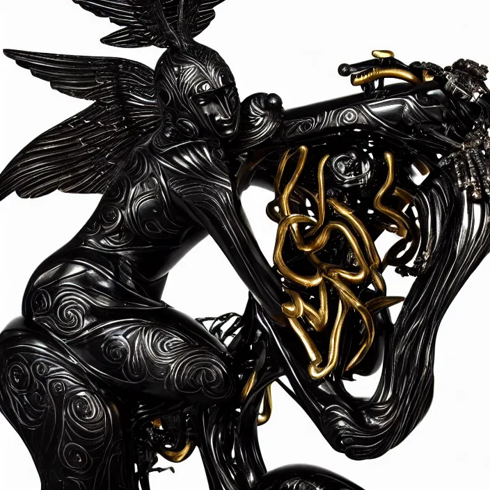 Image similar to fine art statue of masculine black egyptian god on a surrealist motorcycle, ebony art deco, carved black marble, inlaid with ebony and gold accents, ebony rococo, wings black lace wear, sculpted by spider zero, zaha hadid, beautifully lit, hyper detailed, intricate, elite, ornate, photorealistic, micro details, 3 d sculpture, ray trace