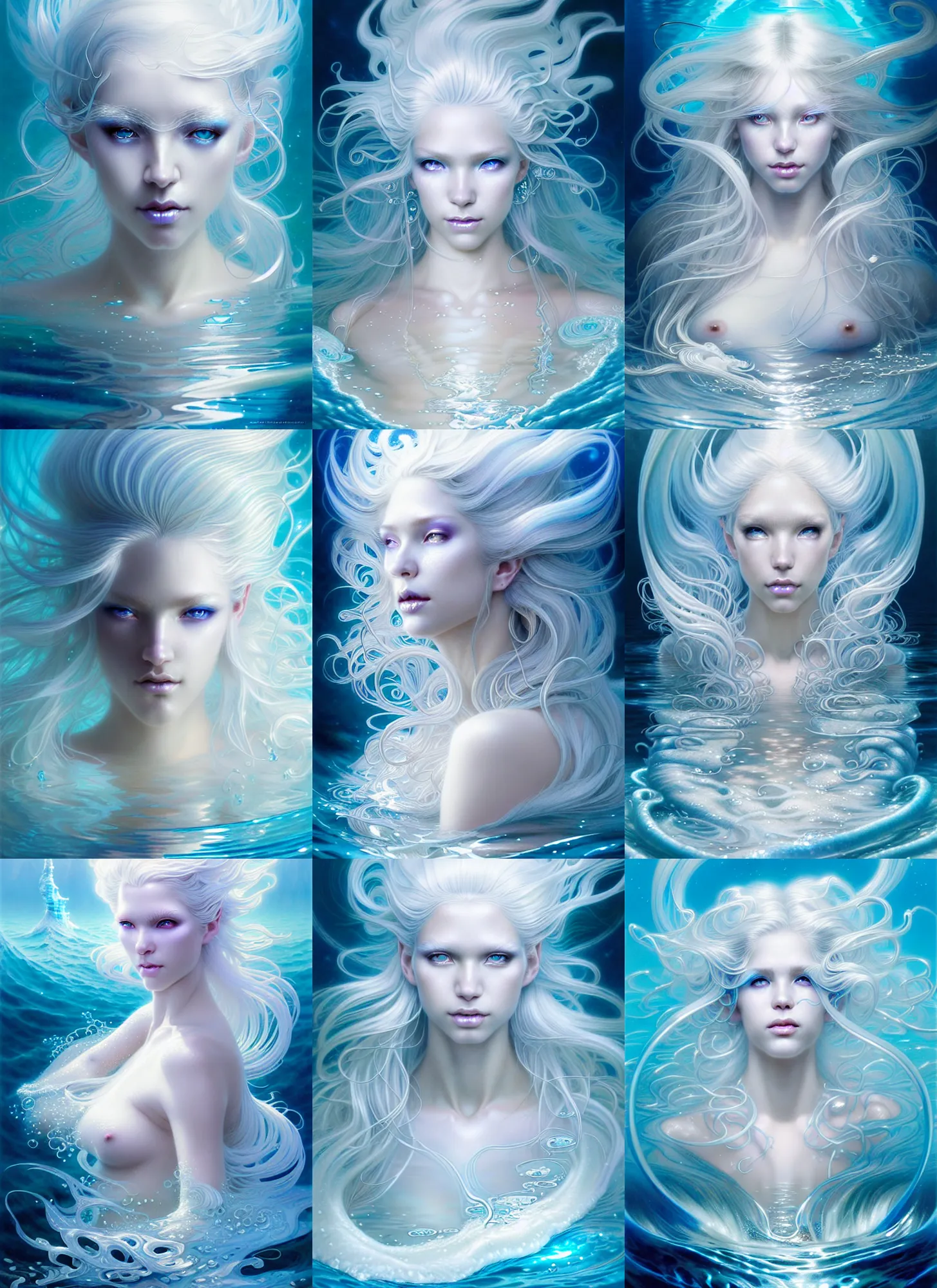 Prompt: beautiful glowing sparkling shimmering ethereal white hair submerged in water fantasy art portrait, ocean waves and white water elegant hair, complex design hair, ultra realistic, wide angle, intricate details, fantasy artifacts, highly detailed by peter mohrbacher, hajime sorayama, wayne barlowe, boris vallejo, aaron horkey, gaston bussiere, craig mullins