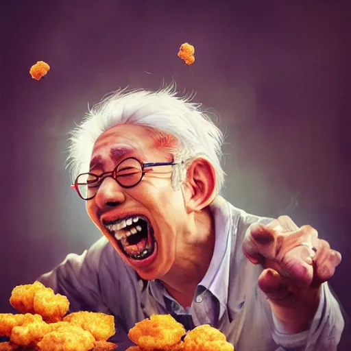 Prompt: a mad scientist in his back yard laughing happily at the chicken nuggets which are falling from the sky , made by Stanley Artgerm Lau, WLOP, Rossdraws, ArtStation, CGSociety, concept art, cgsociety, octane render, trending on artstation, artstationHD, artstationHQ, unreal engine, 4k, 8k,