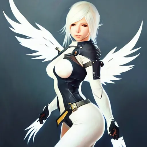 Prompt: greg manchess painting of a 2 yorha type a no. 2 as mercy from overwatch!! in a wartorn environment, white long hair, large white wings, organic painting, trending on artstation, by huang guangjian and gil elvgren and sachin teng